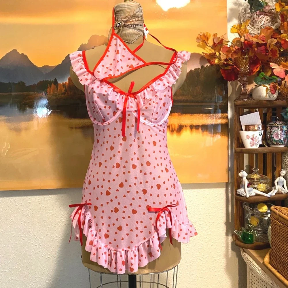 Unbranded Heart Print Babydoll Lingerie Set Coquette Valentine Women XL Pink Red